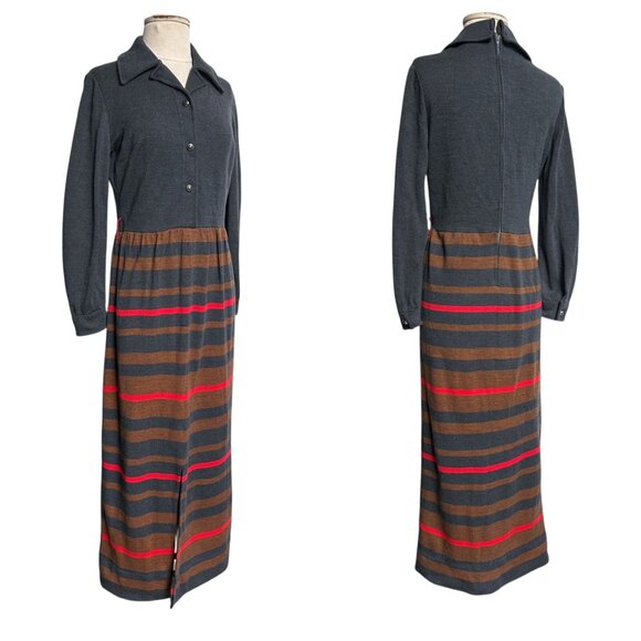 70s vintage maxi shirt dress wool blend pointed collar stripe buttonup Knitique. - Picture 9 of 9